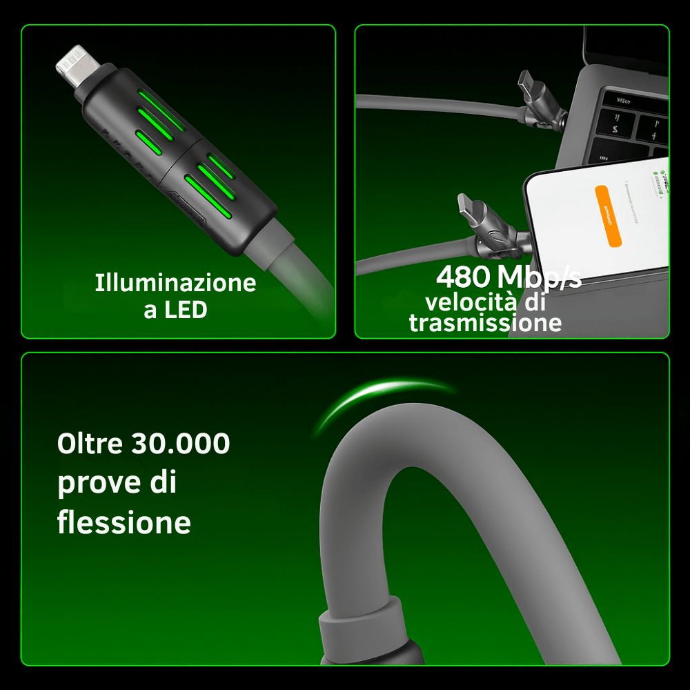 Cavo Universale 4-in-1 Multi USB, Type-C, Lightning, lunghezza 1.5 m
